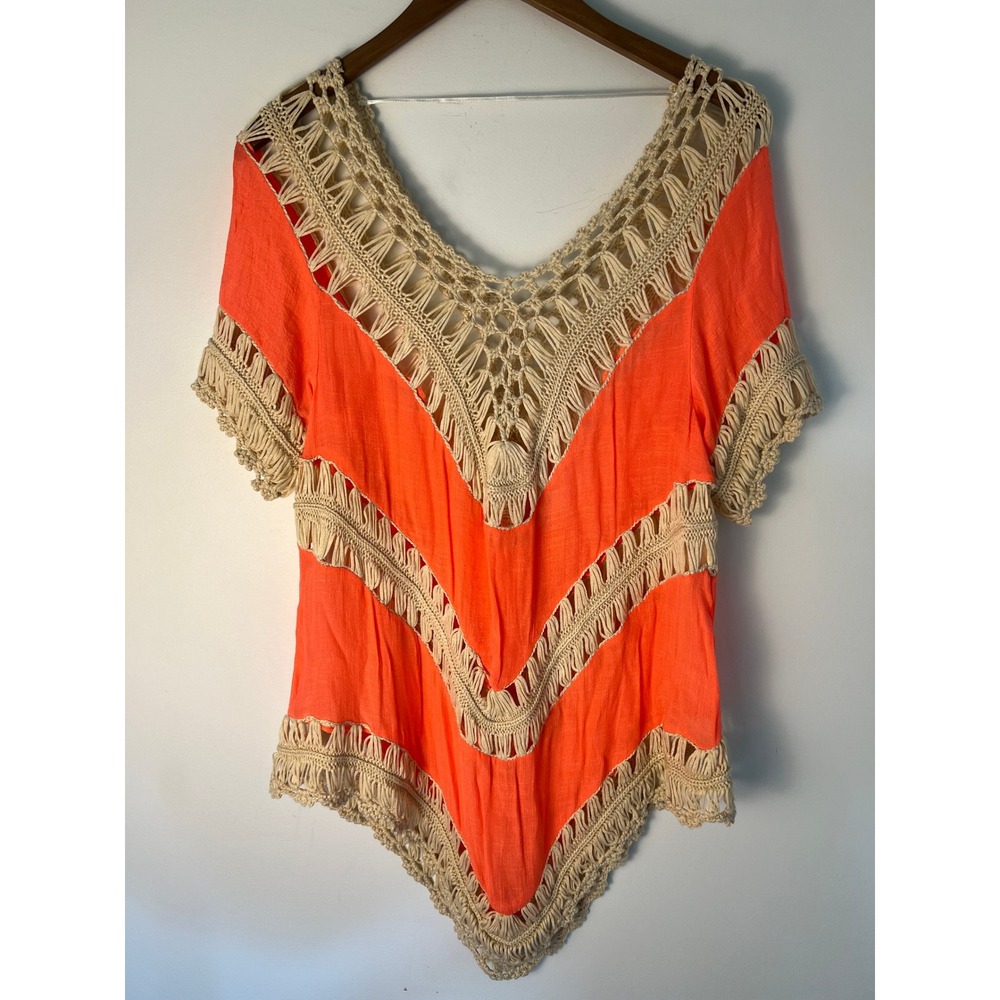 Umgee Crochet Knit Top Wm S Orange Boho Handkerchief Hem V-Neck Boho Lagen Artsy